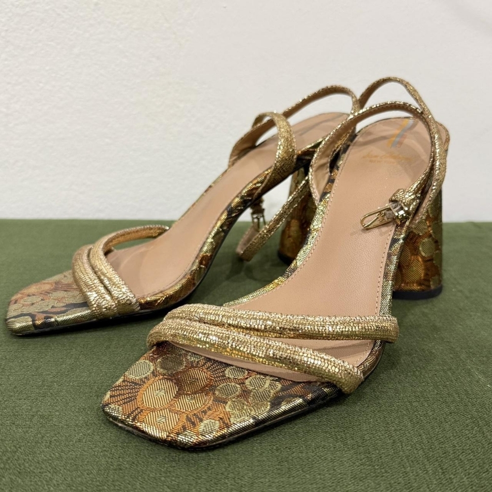 Sam Edelman Gold Metallic Snakeskin Square Toe Strappy Block Heels